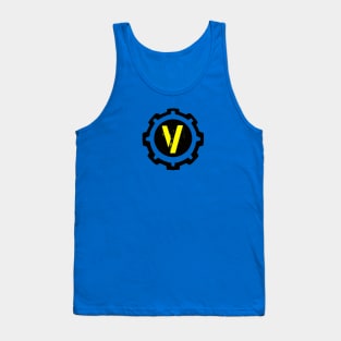 Yellow Letter V in a Black Industrial Cog Tank Top
